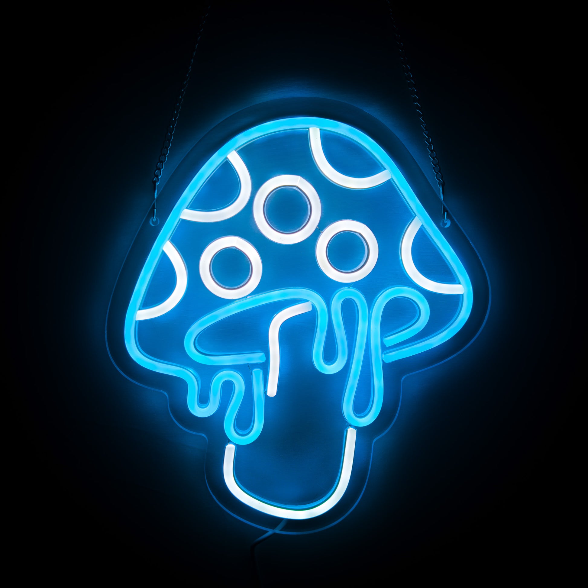 Neon mushroom sign glowing blue and white on a black background